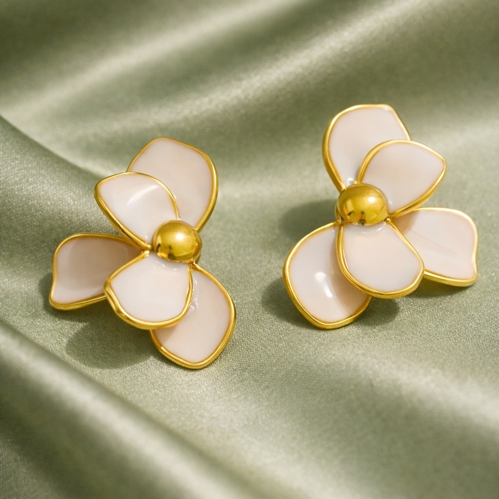 Romantic Petal Cream Flower Stud Earrings – Gold Trim Statement Earrings - Picture 3 of 11
